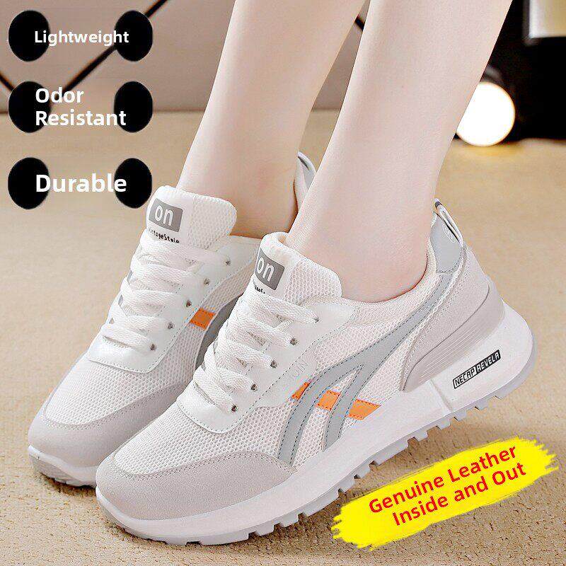 香港真皮女运动鞋2025夏季透气休闲跑鞋皮革平底鞋底时尚白鞋