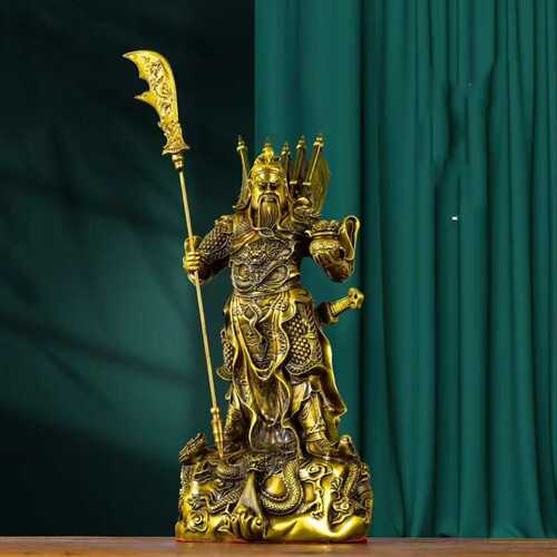黄铜关公摆件客厅九龙关公铜像武财神关公像商铺家用供奉神像大号
