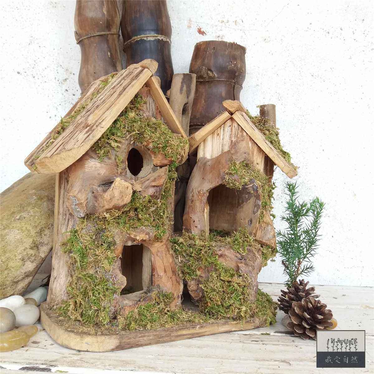 鸟箱 房子箱 繁殖田园爆鸟窝挂件苔藓雀鸟实木双厂家麻款装饰户外