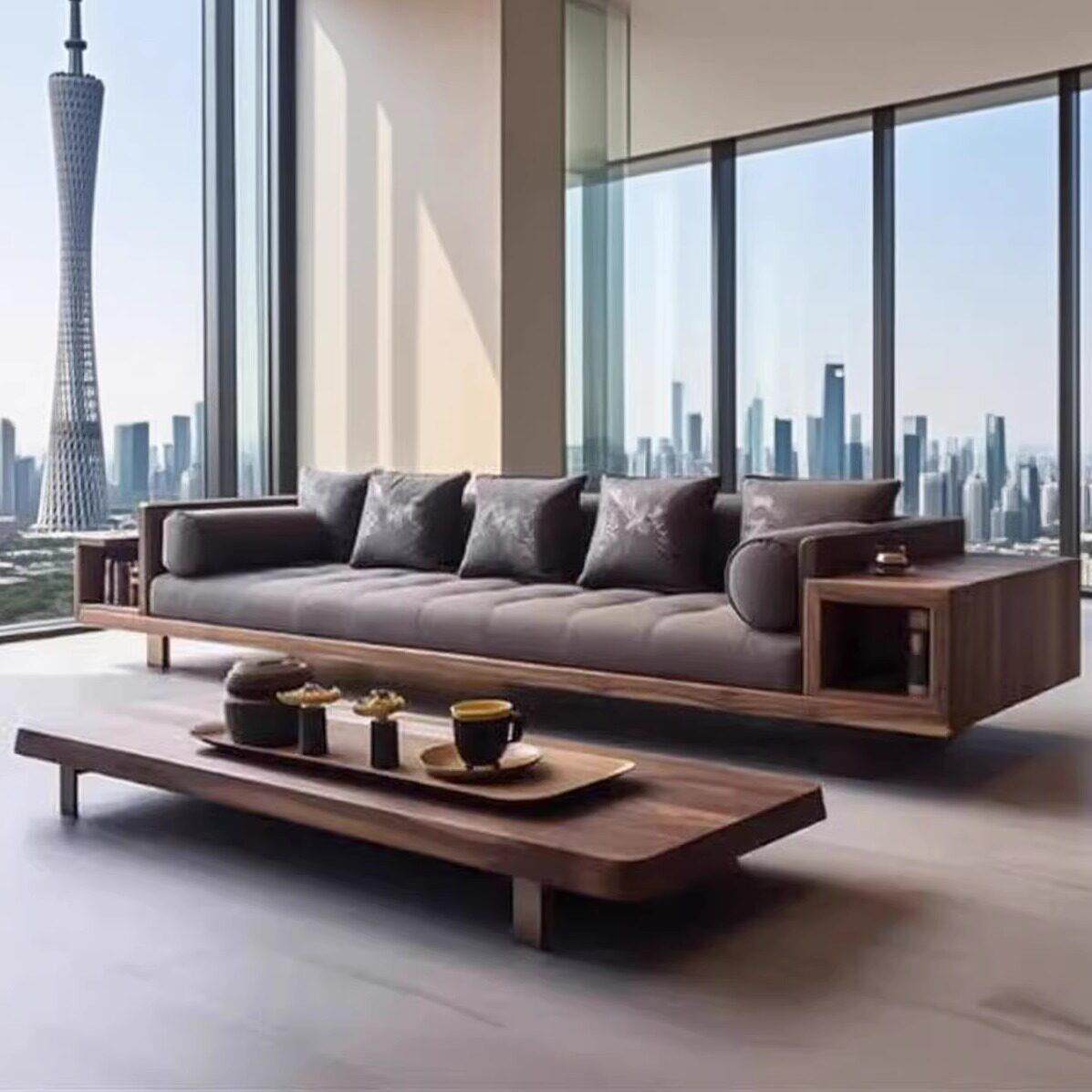 新中式黑胡桃白蜡木东方意境实木沙发办公室酒店民宿办公室家具