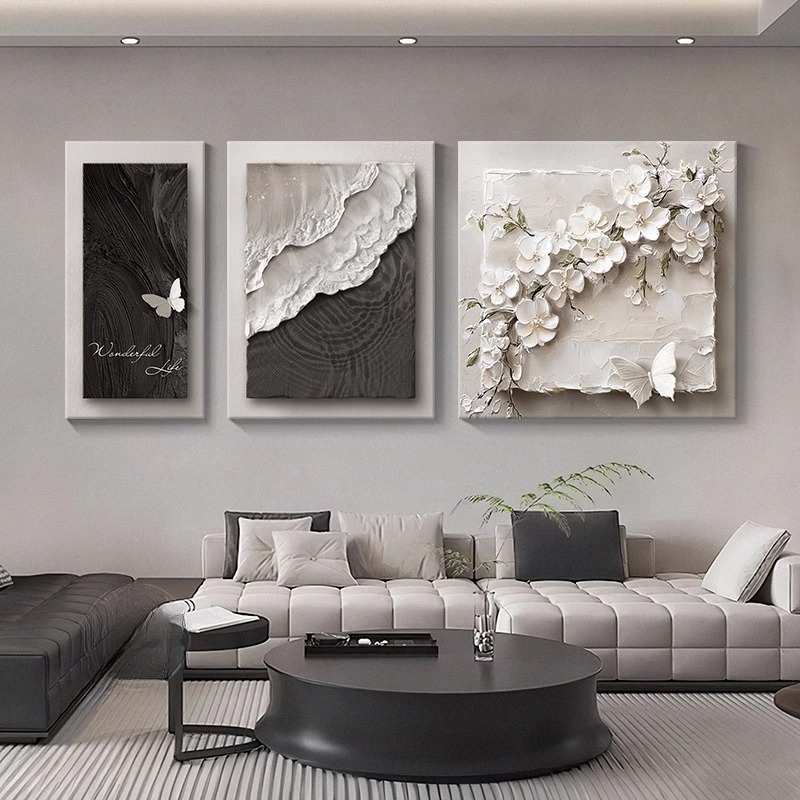 轻奢高级感客厅大白墙装饰画浮雕立体感沙发背景墙挂画花卉三联画图片