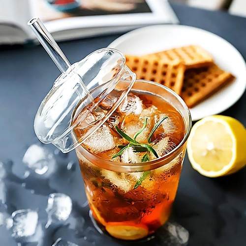 Transparent glass straw cup with lid coffee beverage cup
