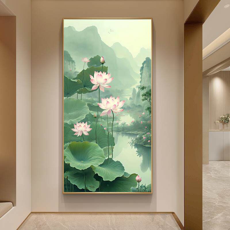 新中式玄关装饰画荷花莲花走廊聚财挂画客厅茶室壁画山水晶瓷画