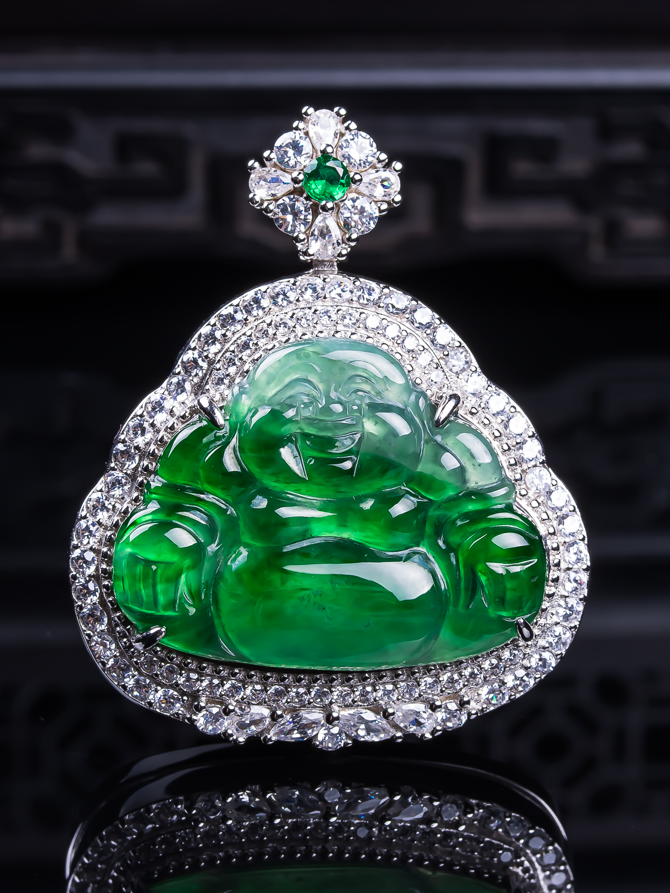 天然真品翡翠S925银镶嵌冰飘阳绿满绿高端闪拍佛公玉石吊坠17.34g