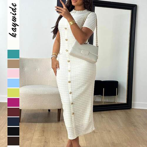 Women's Plain Zipper Back Round Neck Dress  Casual Fake