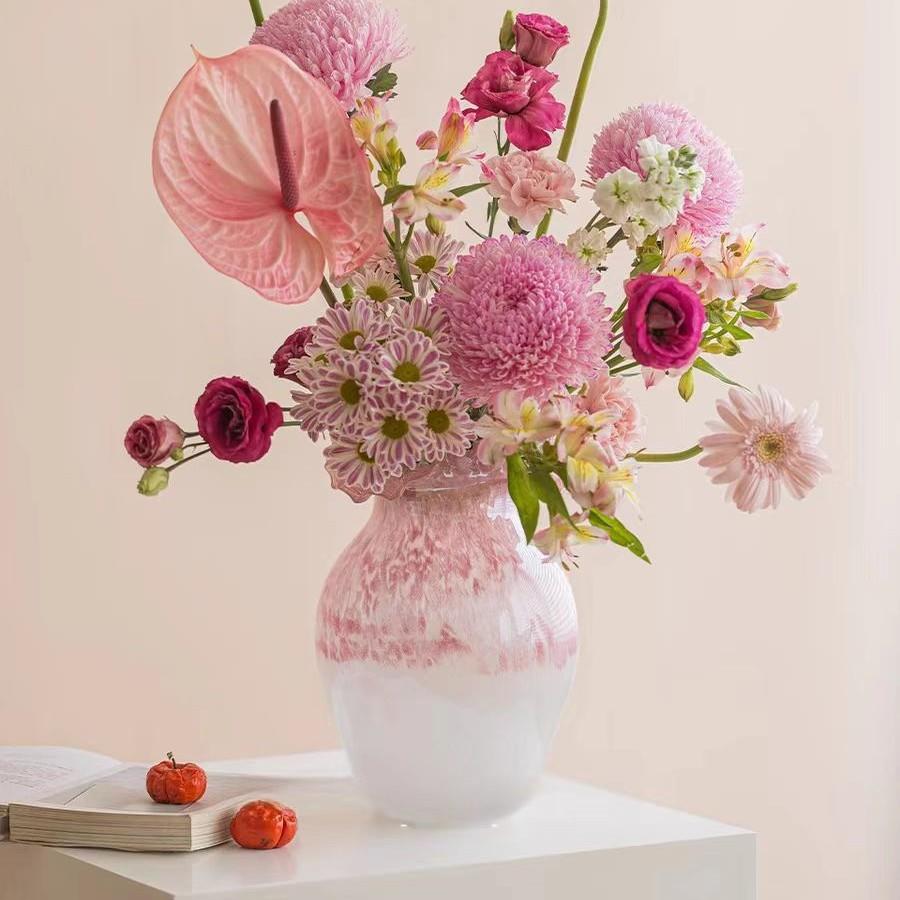 中古混彩花篮琉璃花瓶北欧高档玻璃摆件轻奢家居插花瓶客厅桌面