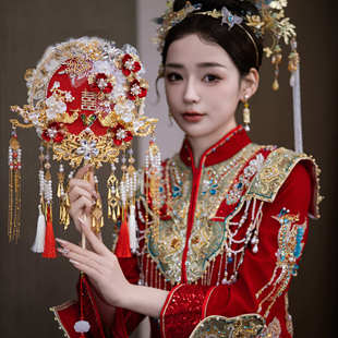 团扇批发结婚新娘秀禾手工婚扇中式 新品 喜扇红色流苏成品团扇9239