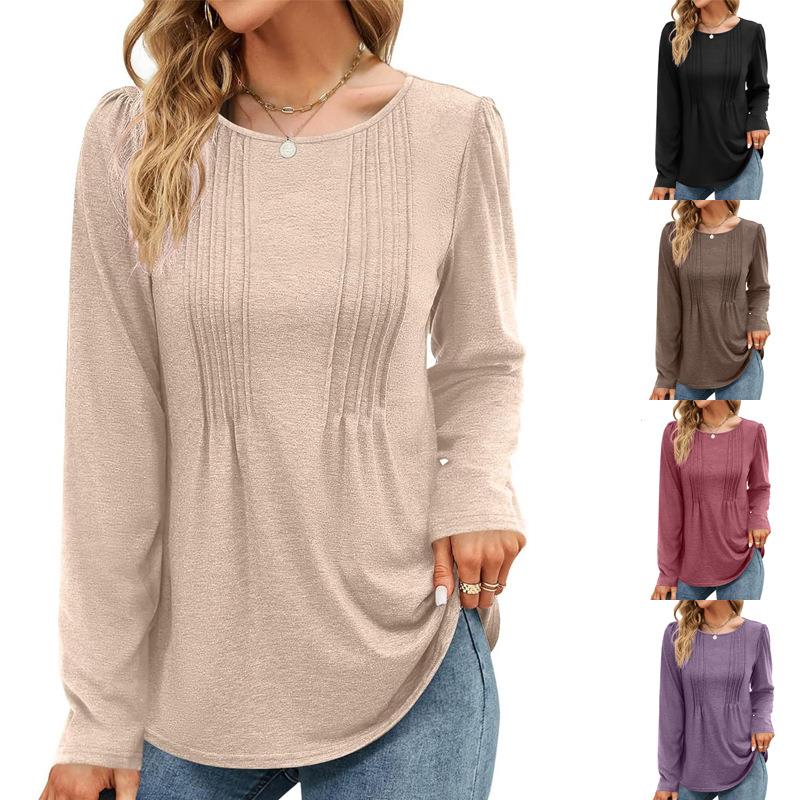 tops womens T-shirt sleeve long neck round color solid