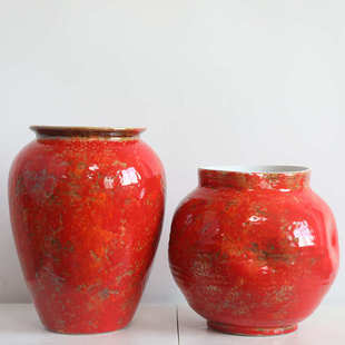 新陶瓷器窄花瓶口现代装饰品中式花茶室软红色家居玄关石榴禅意