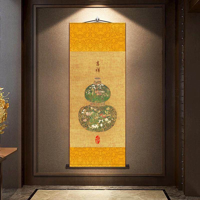 福禄平安陈琳葫芦花瓶图卷轴挂画玄关茶室书房客厅装饰画丝绸挂画