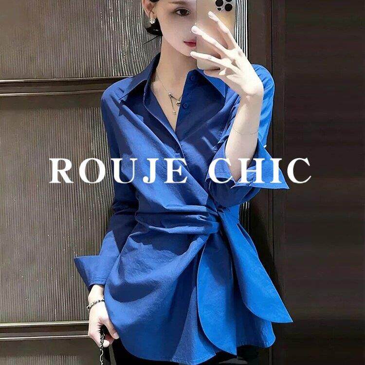 法国rouje chic御姐风交叉绑带收腰衬衫女春季克莱因蓝喇叭袖上衣