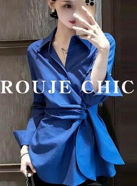 法国rouje chic御姐风交叉绑带收腰衬衫女春季克莱因蓝喇叭袖上衣