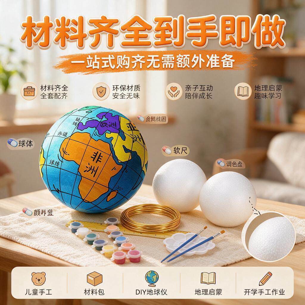 diy地球仪手工制作材料包初中生专用学生15/20cm小号套装泡沫球自制空白圆球模型地理手绘简易小学半成品初一