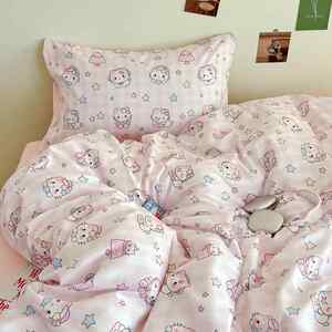 床粉色kt猫双层纱四件套卡通可被套单床宿爱舍上三WYN2225件套
