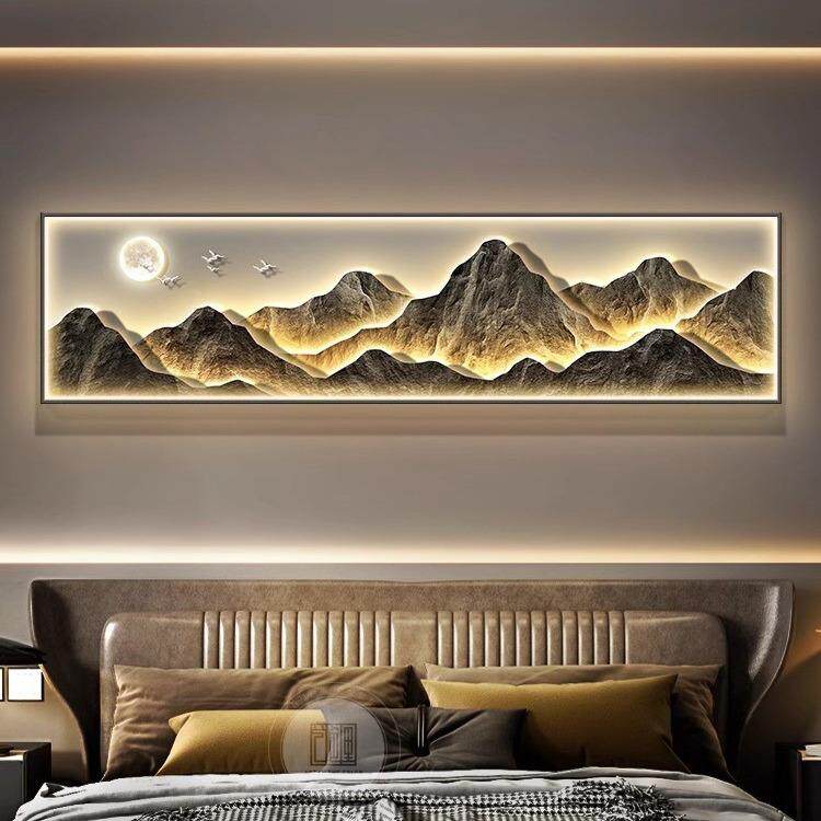 现代轻奢卧室装饰画背有靠山床头挂画山水画主卧房间LED带灯壁画