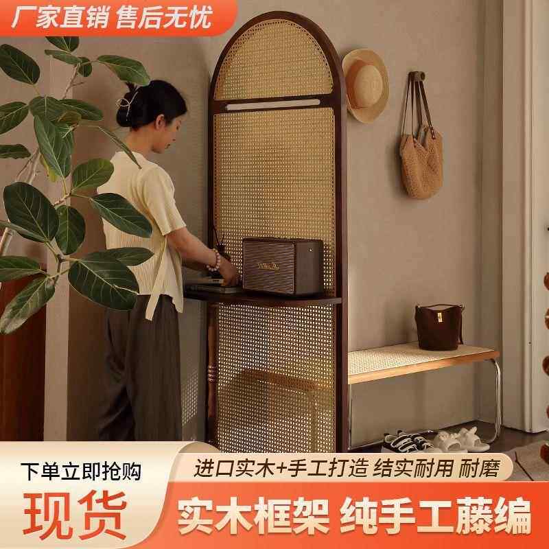 法式复古实木藤编屏风隔断客厅入户进门遮挡玄关柜现代简约置物架