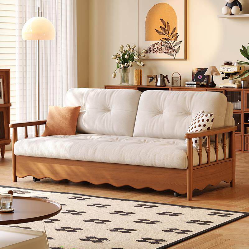 法式实木沙发床可折叠两用家用小户型客厅中古可收纳双人直排沙发