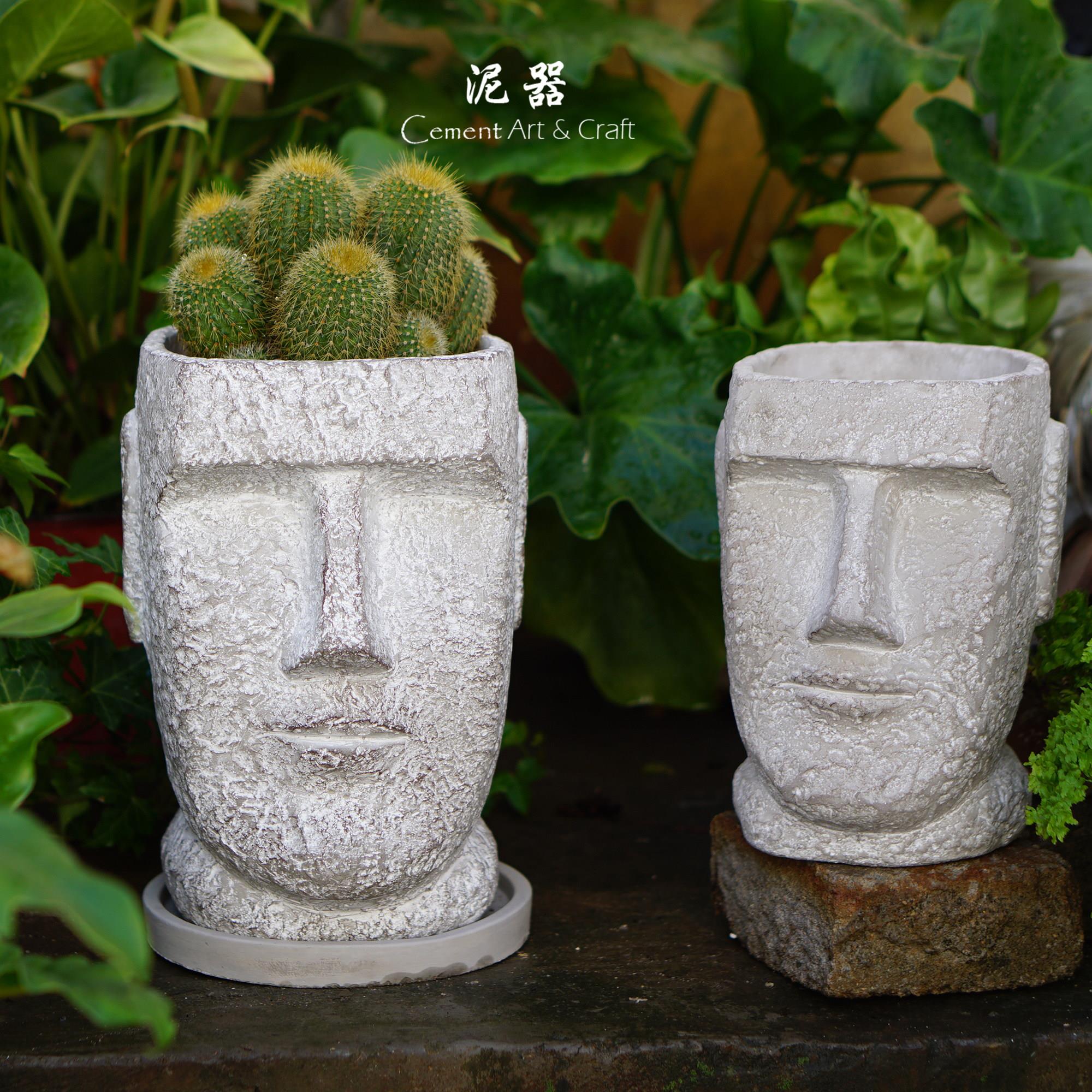 北欧风格创意泥器花盆 勇士造型大号复古花插 水泥材质人头雕像摆