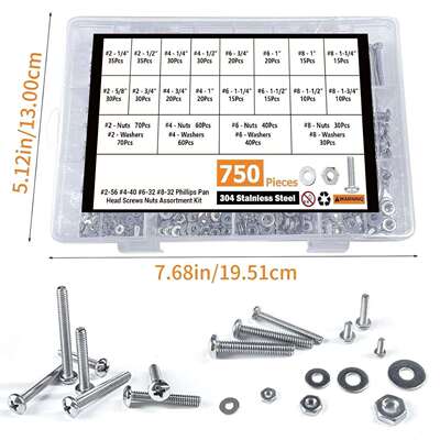 跨境盒装螺丝750pcs美制304不锈钢十字盘头螺丝螺母套装组合螺钉