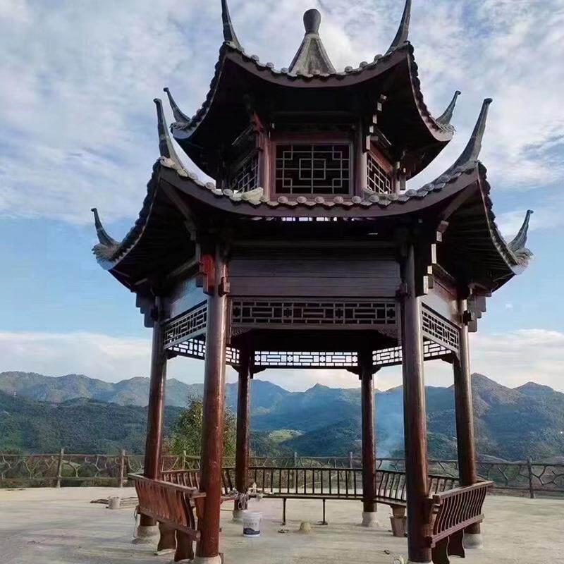 双层古建六角亭防腐木重檐凉亭仿古小青瓦凉亭景观亭