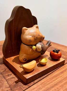 靠山猫神实木质创意玄关桌面摆件乔迁开业收银前台高档聚财礼品