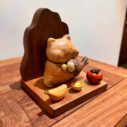 靠山猫神实木质创意玄关桌面摆件乔迁开业收银前台高档聚财礼品