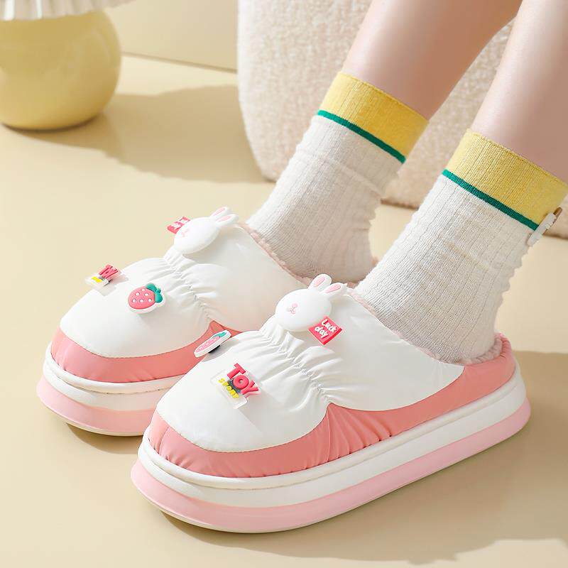 防水棉拖鞋女情侣增高软底PU皮家居拖鞋男冬厚底加绒保暖防滑外穿