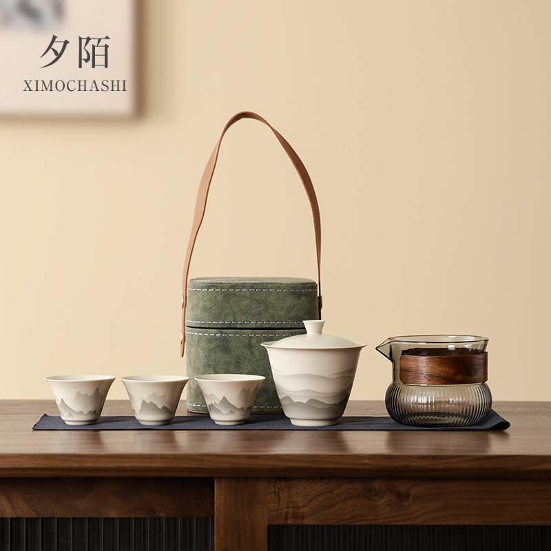 国潮千里江山功夫茶具茶杯套装一壶三杯户外便携式旅行泡茶快客杯