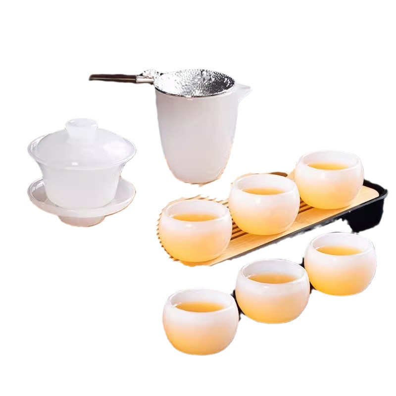 不烫手白玉琉璃功夫茶具套装轻奢家用三才盖碗高档简约泡茶器套组