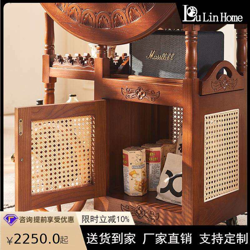 法式实木酒架车美式复古可移动推车茶几中古风折叠桌面家用小茶车