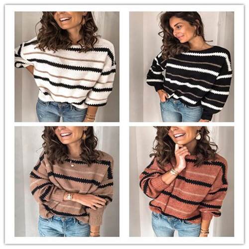 Striped patchwork long sleeved knitted sweater top sweater