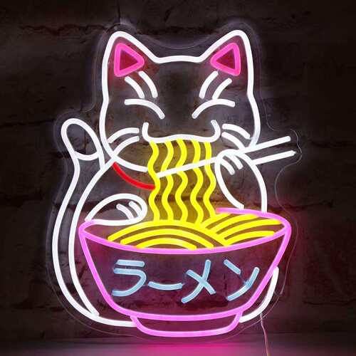 亚马逊LED霓虹灯猫吃面条造型发光灯牌面馆网红墙面装饰广告牌