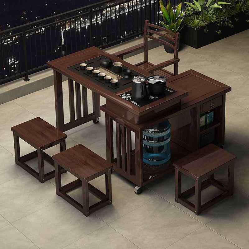 家用可移动伸缩折叠茶桌客厅小茶台实木旋转茶桌烧水壶茶具全套