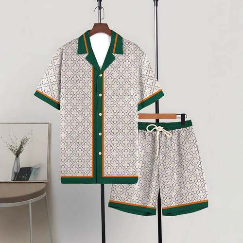 Men's Ethnic Pattern Button Front Shirt & Shorts Loungewear