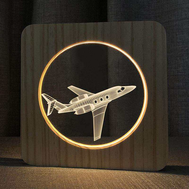 实木镂空框木质夜灯台灯 飞机造型视觉3D亚克力小夜灯FS-A3602W