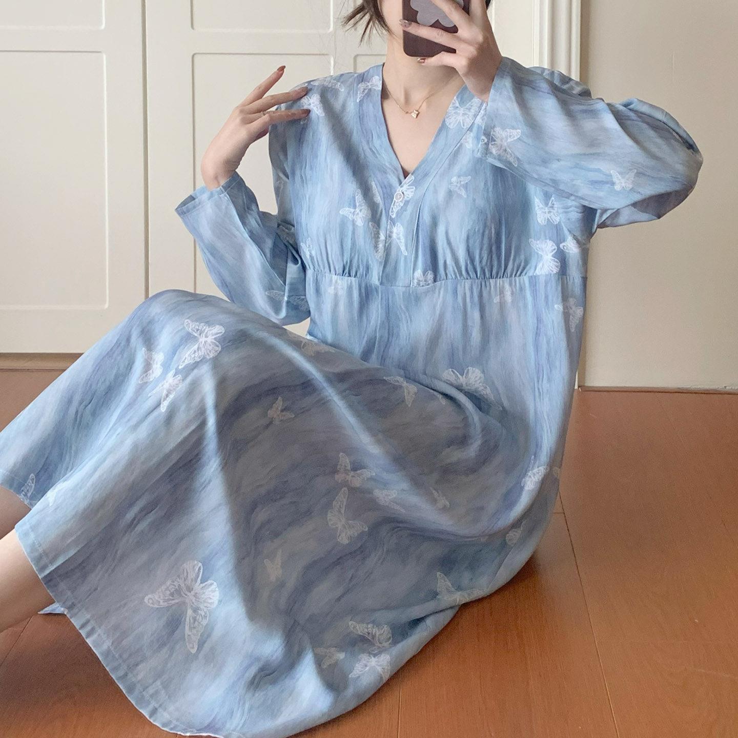 带胸垫长袖棉绸睡裙女春夏季清冷蝴蝶高级感绵绸裙薄款舒适家居服