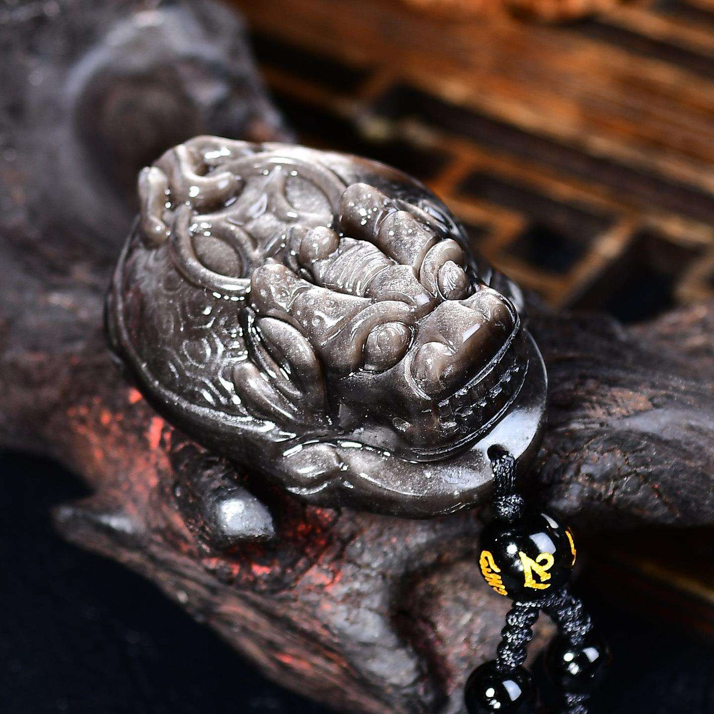 天然黑曜石龙龟开运吉祥招财银曜石雕刻龙龟保泰龙头龟平安车挂