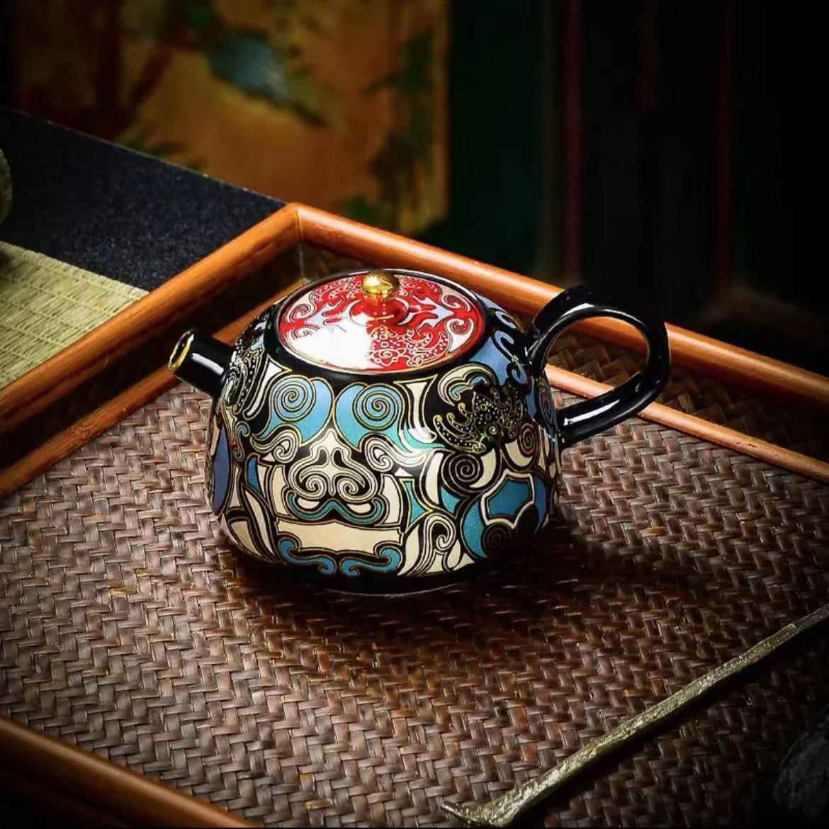 家用单壶小号功夫泡茶壶金银错拓片工艺撞色饕餮茶壶中式陶瓷茶具