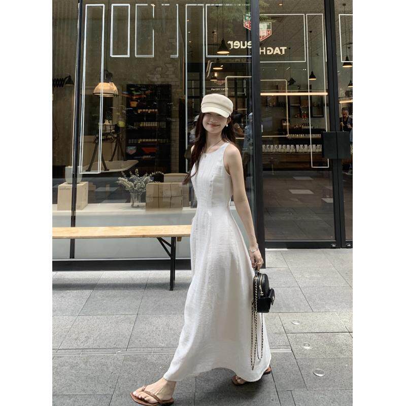 77store 白色天丝亚麻无袖洋装女2026夏季新款收腰长裙背心裙子