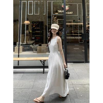 77store 白色天丝亚麻无袖洋装女2026夏季新款收腰长裙背心裙子