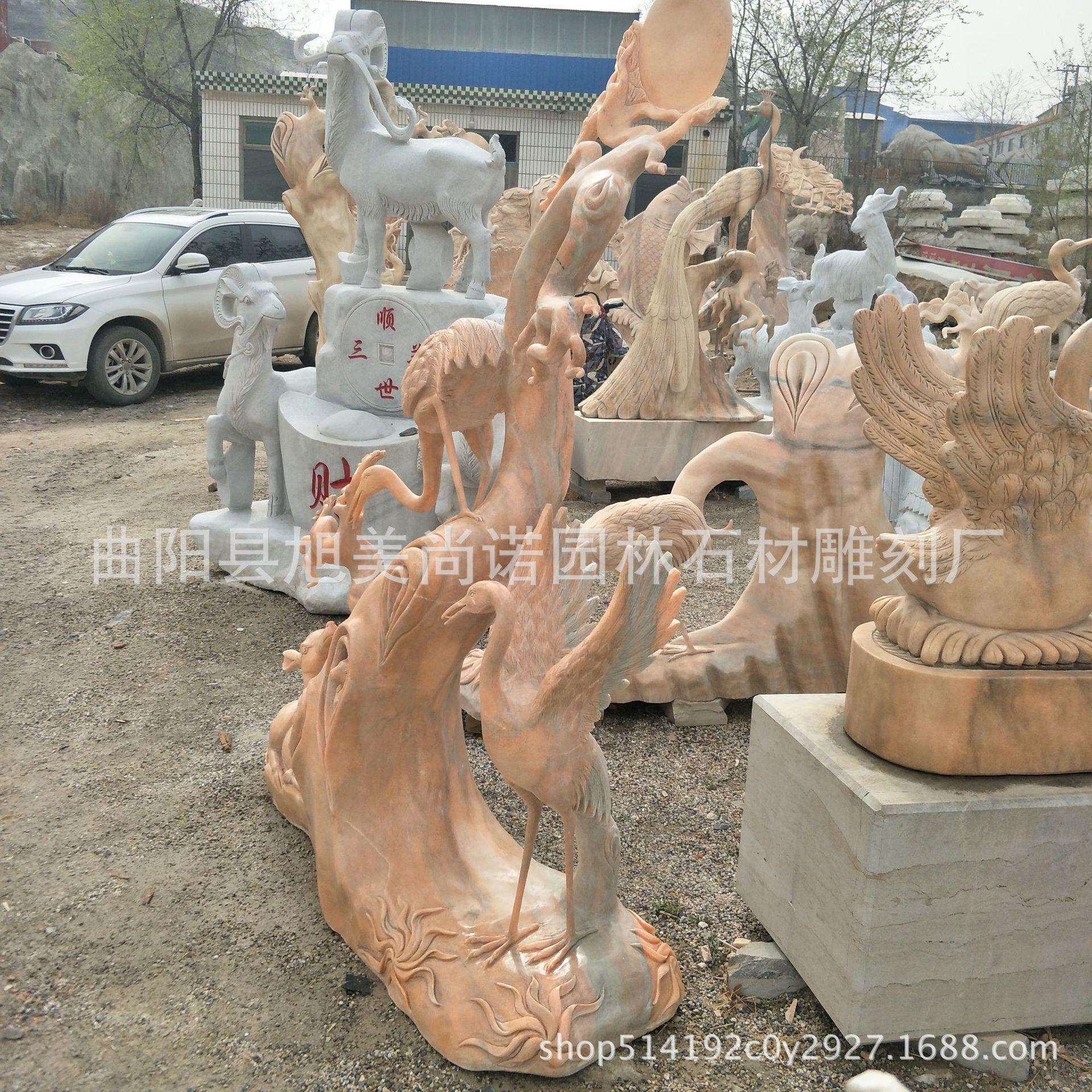鹤鹿同春石雕 晚霞红小鹿雕塑园林动物石雕摆件