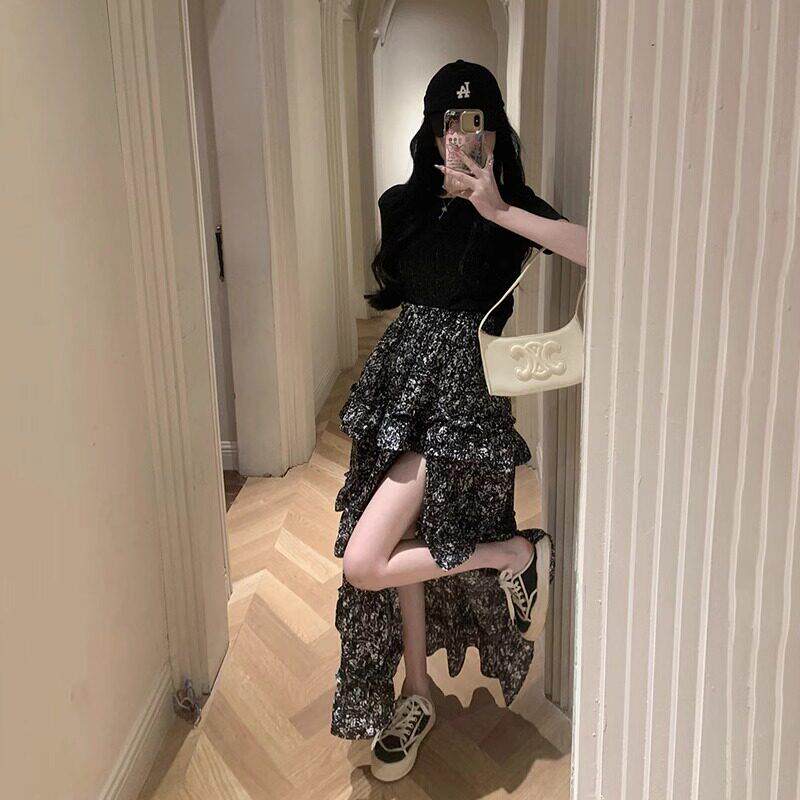 欧洲站夏季2025新款小众设计高级感套装不规则碎花半身裙子两件套