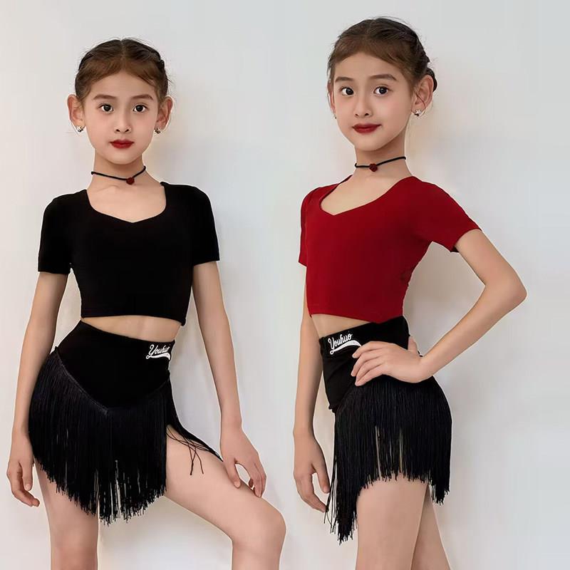 2026新款夏季拉丁舞衣服女童舞蹈练功儿童流苏裙短袖练习表演套装