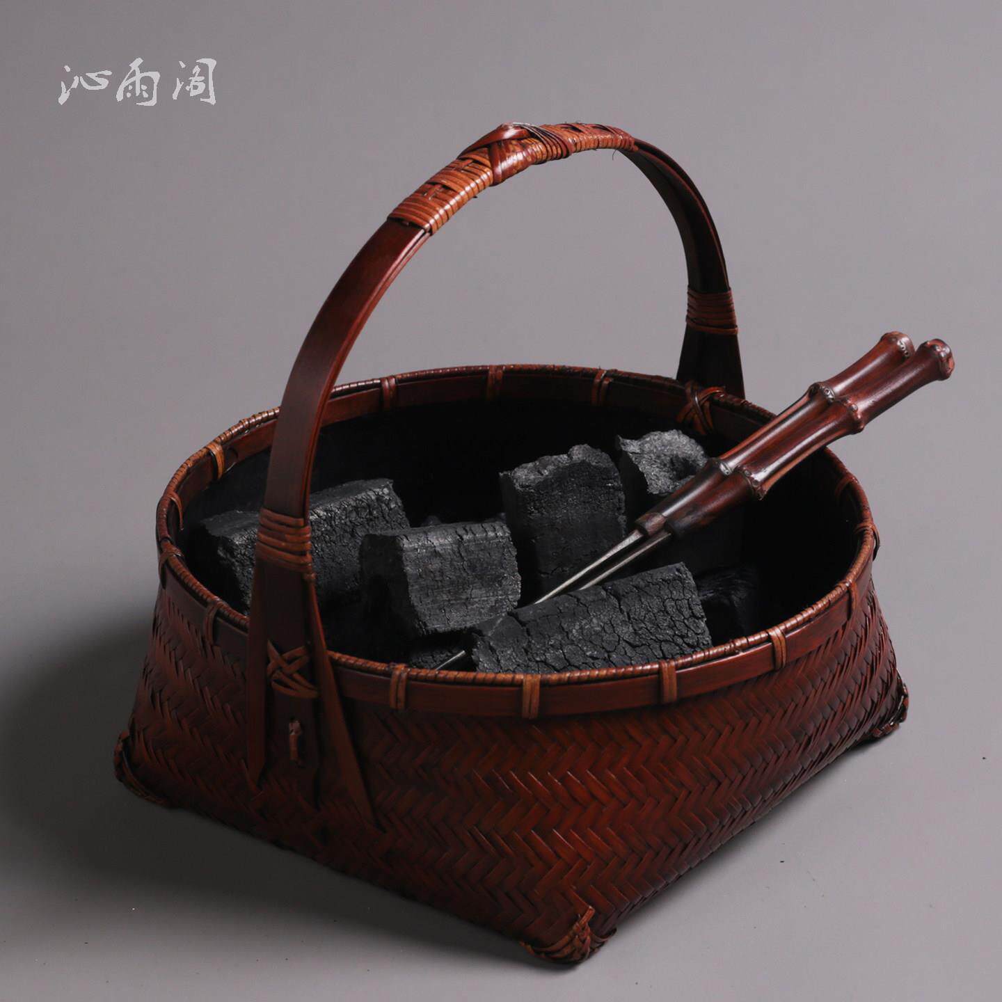 非遗竹编碳筐复古做旧茶具收纳提篮茶室碳篓斗不掉渣煮茶配件碳钵