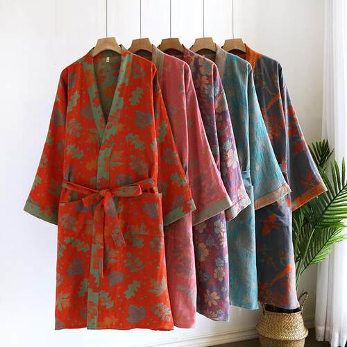 棉纱布大红睡衣浴袍复古提花女士薄款日式和服睡袍家居服汗蒸服