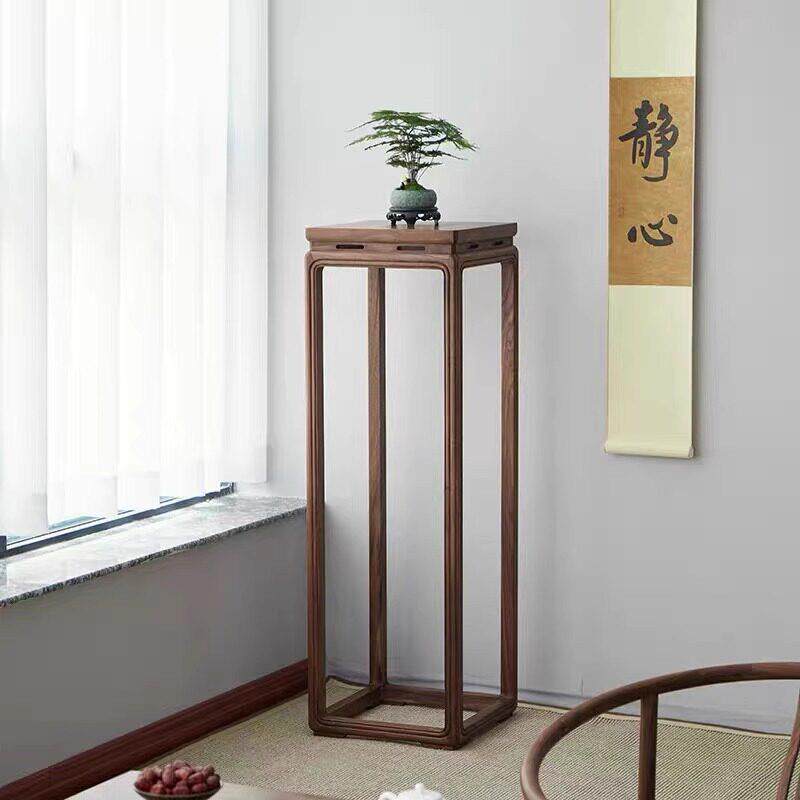 宋式新中式花架榆木实木黑胡桃色花架子客厅落地式高端室内摆件架