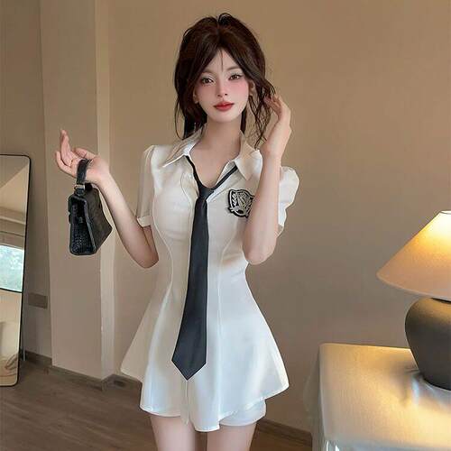 足浴技师工作服套装学院风制服白色中长版衬衫女+短裤子两件套