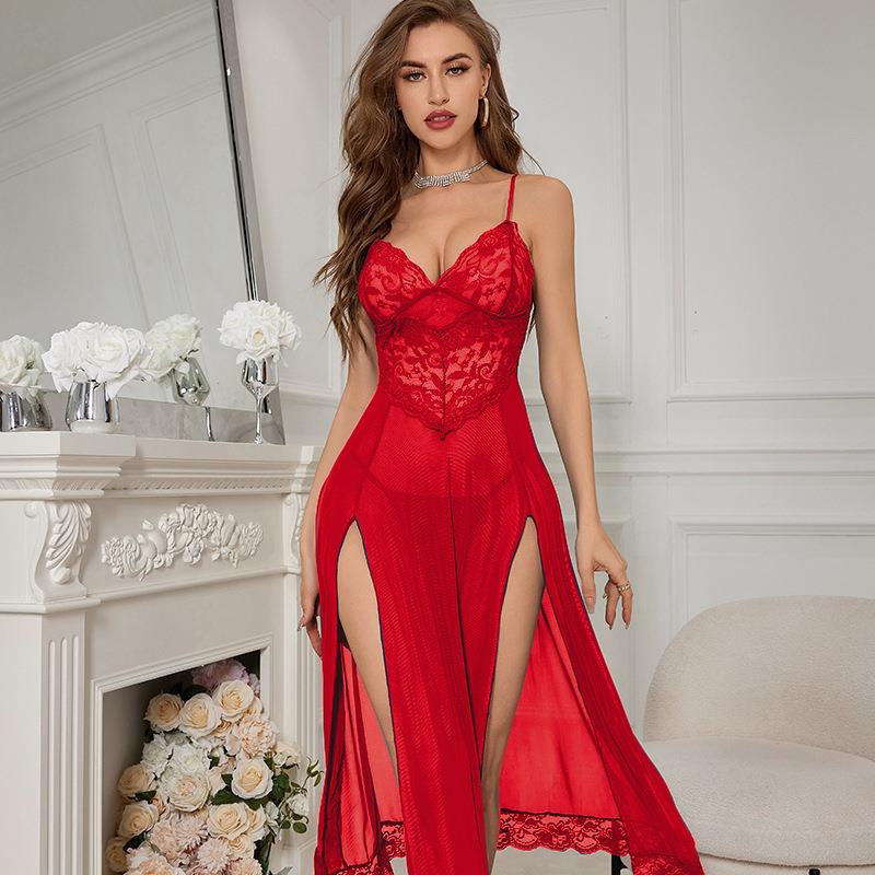 Sexy lingerie, sexy women's suspender long slit nightgown