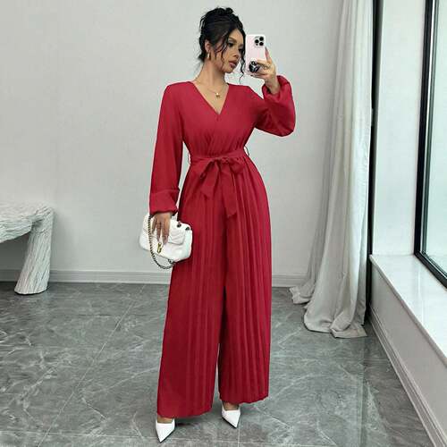 Women'S Spring Autumn Solid Color Pleated High Waist Long