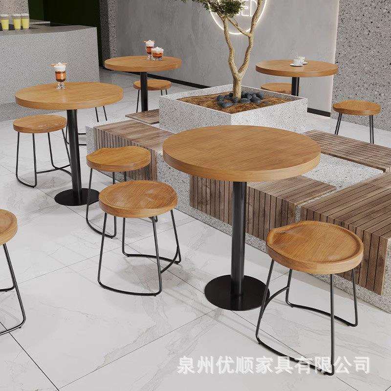 商用实木餐桌椅组合奶茶甜品店方圆形桌复古咖啡厅洽谈桌休闲桌椅